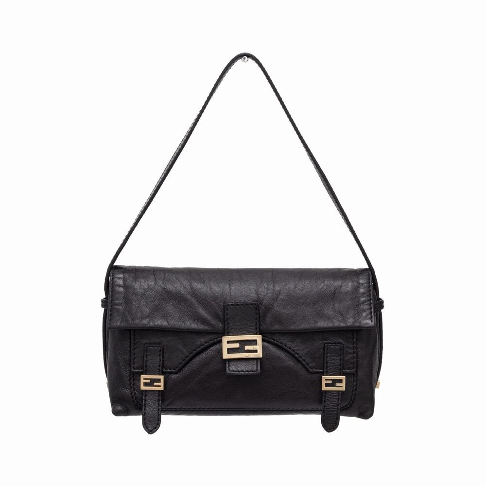 FENDI Sweety Sweet FF Baguette Black Napa Leather Shoulder Flap Bag VTG Y2K